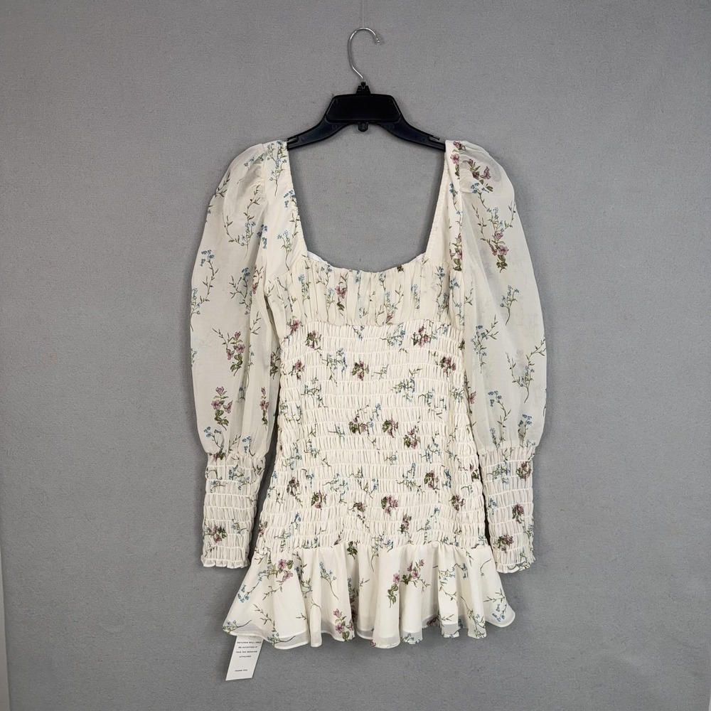 For Love & Lemons Dress Womens Medium White Floral Smocked Mini Puff Sleeve NWT - Picture 9 of 14